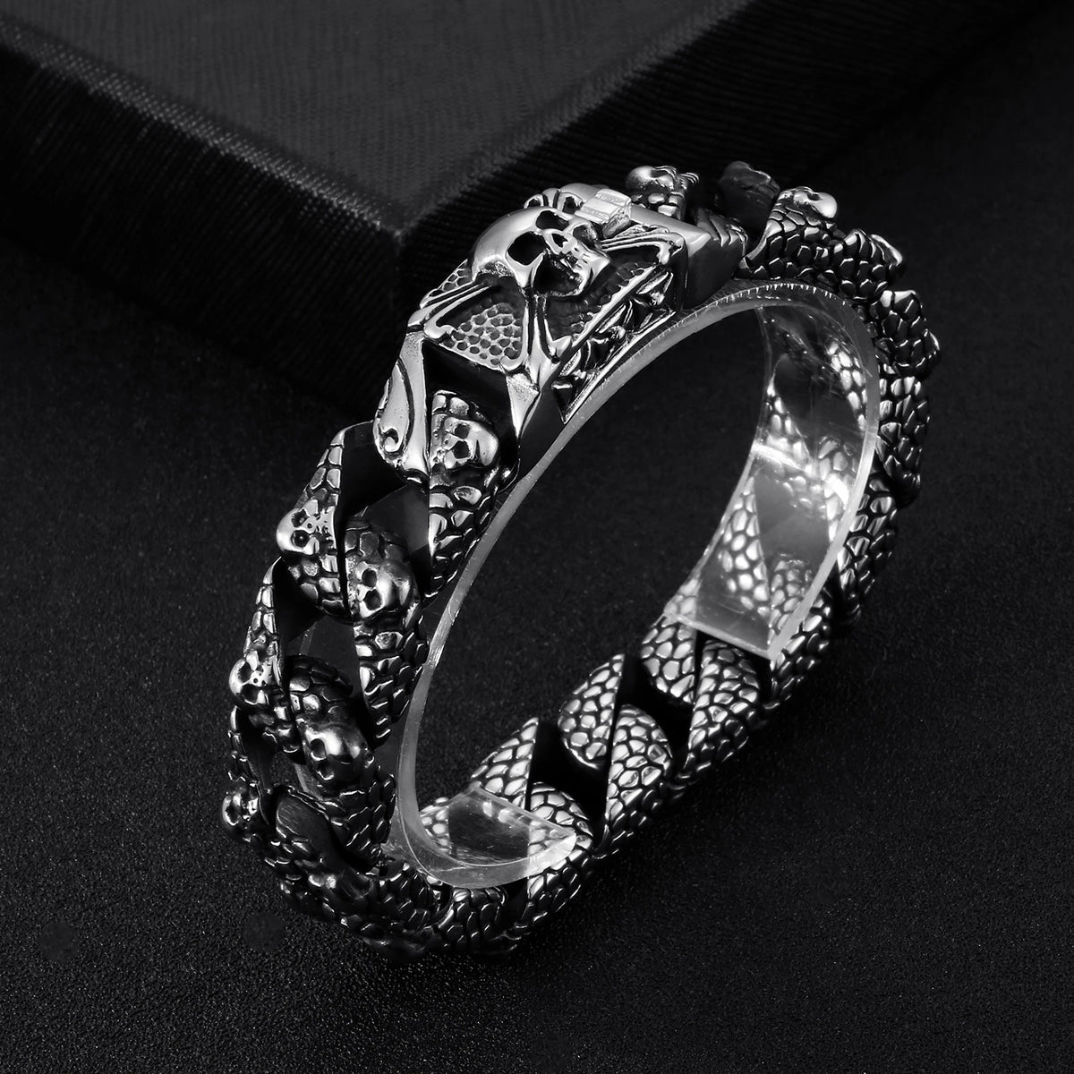VIKING Mens Punk Skull Skeleton Cuban Link Chain Bracelet – Boiled Black Stainless Steel
