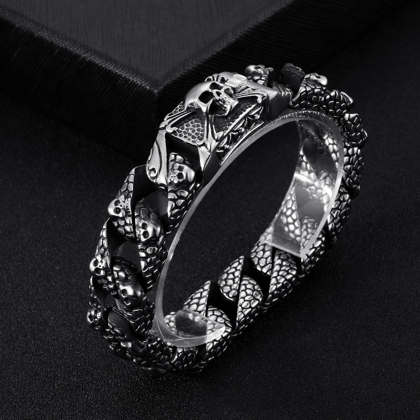 KALEN Europea Punk Mens Relievo Skull Jewelry Skeleton Head Cross Stainless Steel Curb Cuban Link Chain Bracelet for Men