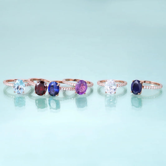 Gemfiori Natural Gemstone Big Main Stone Oval Cut 8*10MM 925 Sterling Silver Women Jewelry Ring Garnet Amethyst Sky Blue Topaz Ring