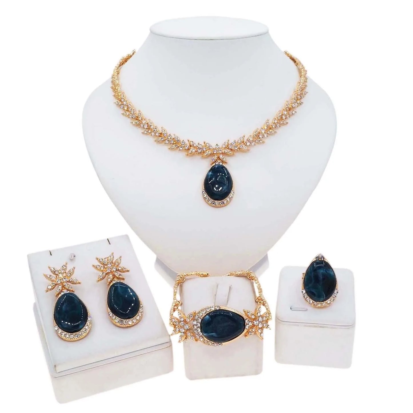 Zhuerrui High Quality Gold Jewelry Sets Silver Diamond Blue Drop Necklace Jewelry Set Fashion Valentine's Day Gifts HC23228