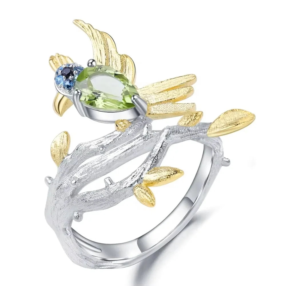 ArtistA Abiding Custom Green Natural Gemstone Ring Collection 925 Silver Natural Peridot Rings with Regular Open 2 Tone Design