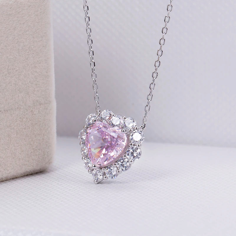 Messi Jewelry MSN-653 Pink Heart Cut High Carbon Diamond Cubic Zirconia Necklace Classic Style Pendant Necklace