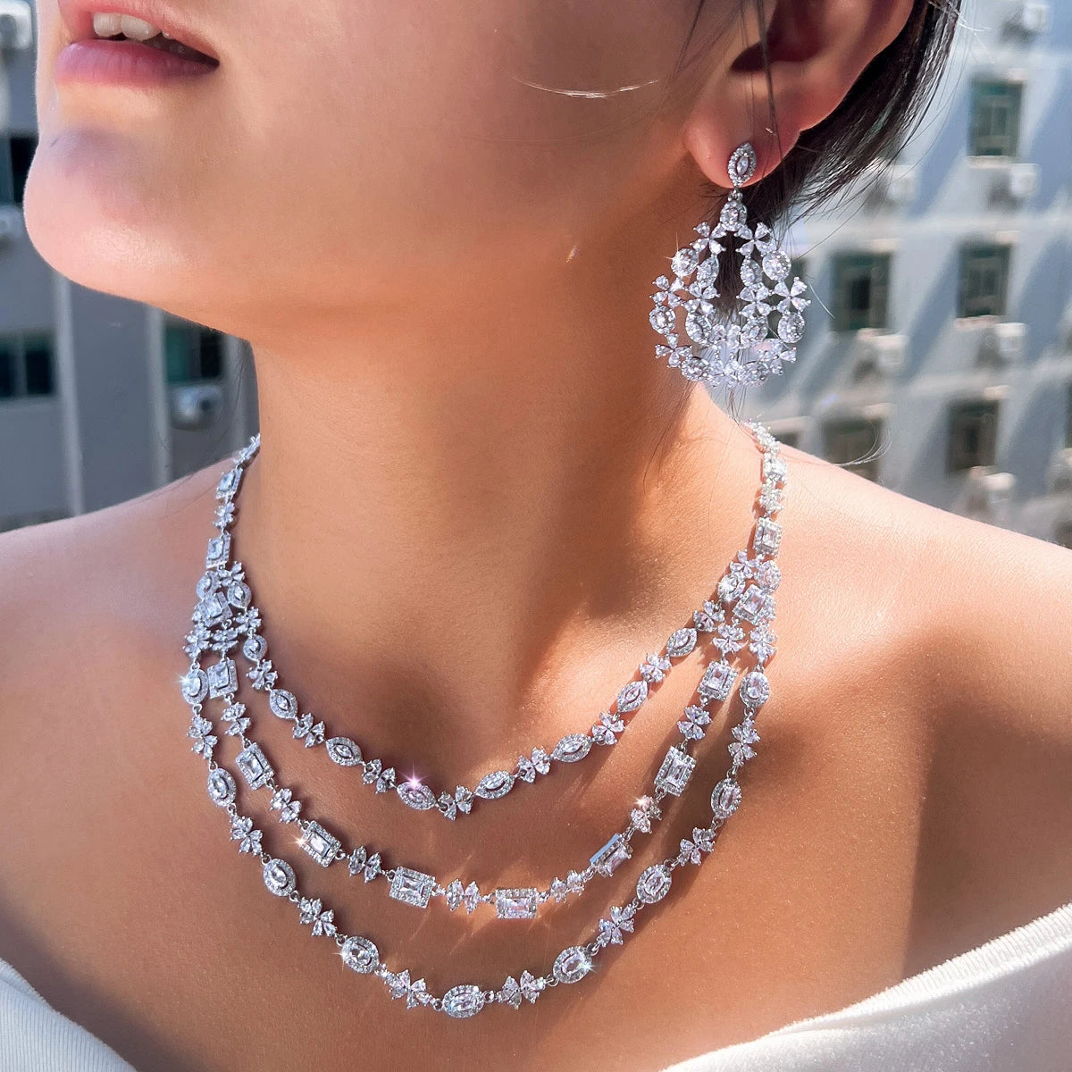 Shiny Cubic Zircon Dubai 3 Layered Wedding Necklace and Earrings Bridal Big Jewelry Sets for Women Luxury Jewellery
