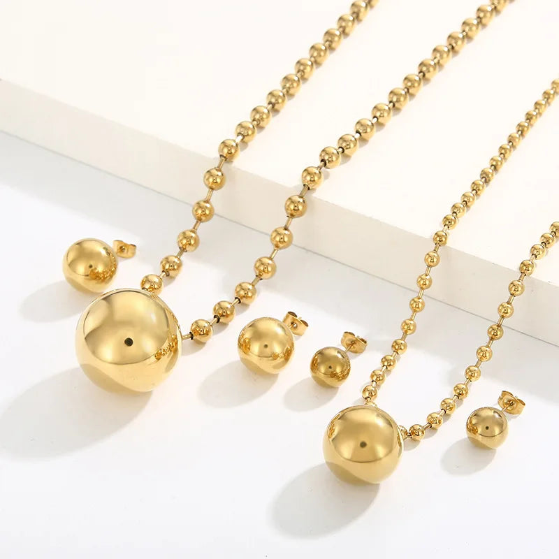 FASHIONISTA Fashion Simple Two-Piece Set Gold Plated Bead Pendant Stainless Steel Necklace Earrings Jewelry Set