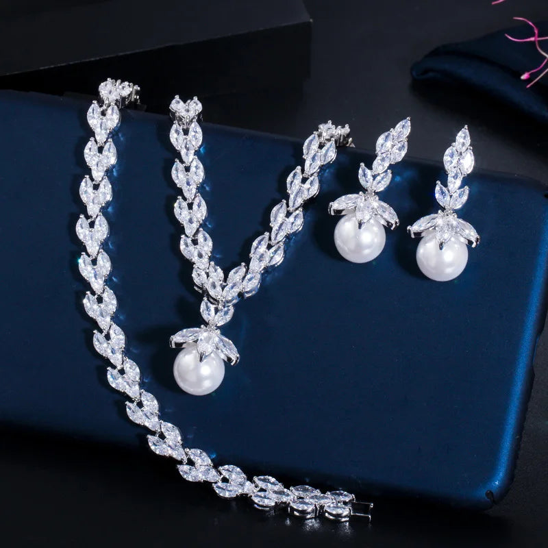 3pcs Silver Color Marquise Cut Cubic Zirconia Big Pearl Drop Earring Bracelet Necklace Jewelry Sets Ladies Bridal Wedding Custom