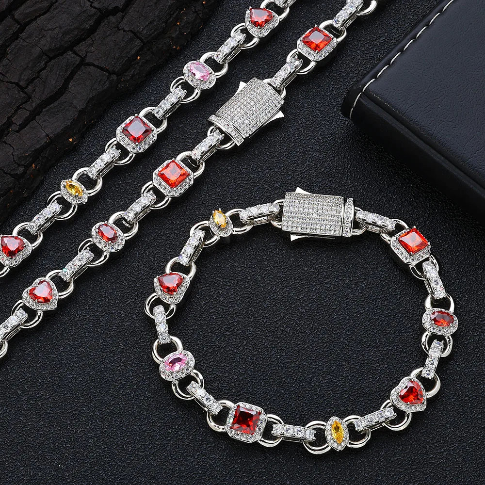S&S NUOYA Hip Hop Jewelry 18K Gold Plated Gemstone Chain Bracelet Womens Heart Shape Red Zircon Geometric Design Link Chain for Gift