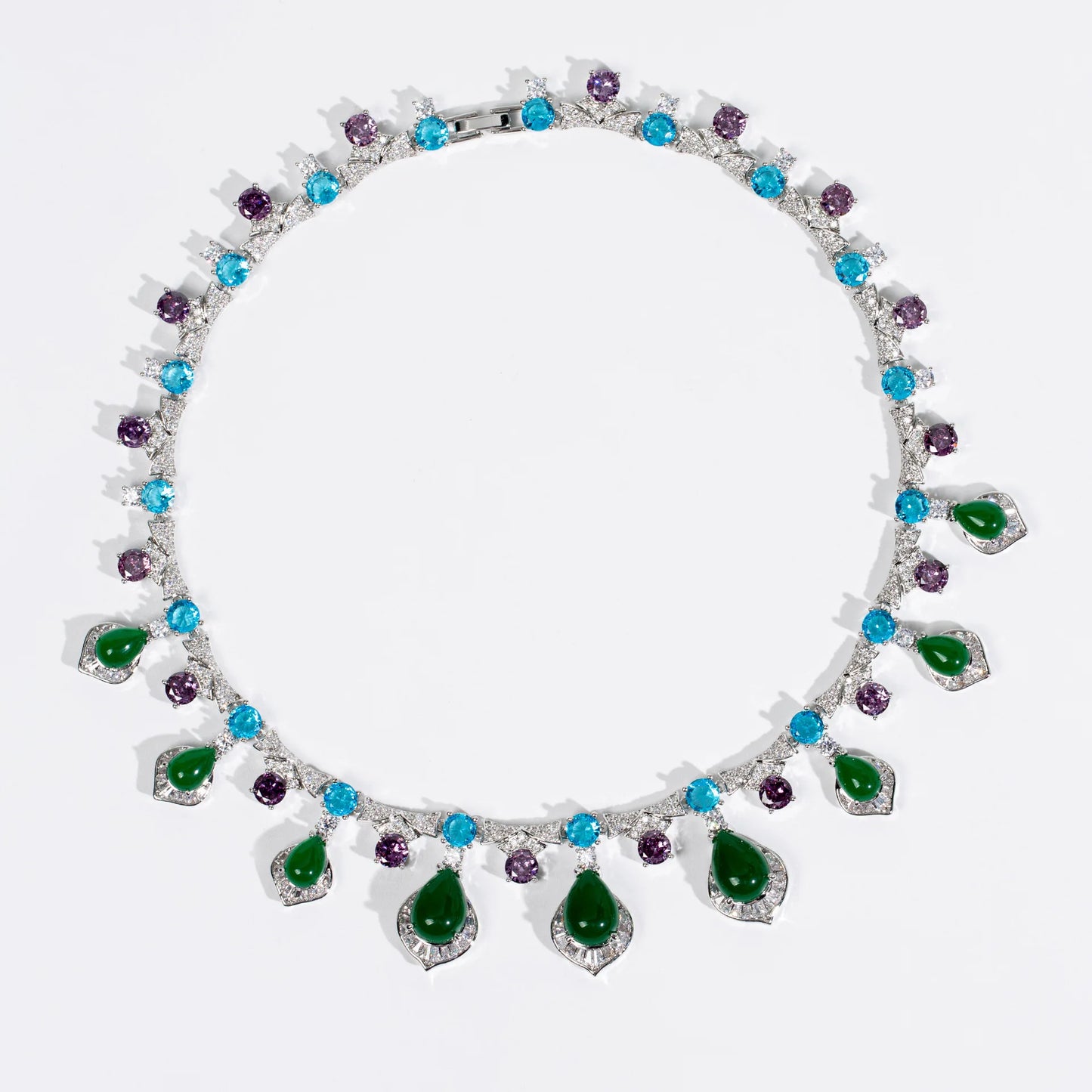 Luxury Full Pavé Colourful Zirconia Geometric Necklace & Earrings Bridal Set — Red, Green & White