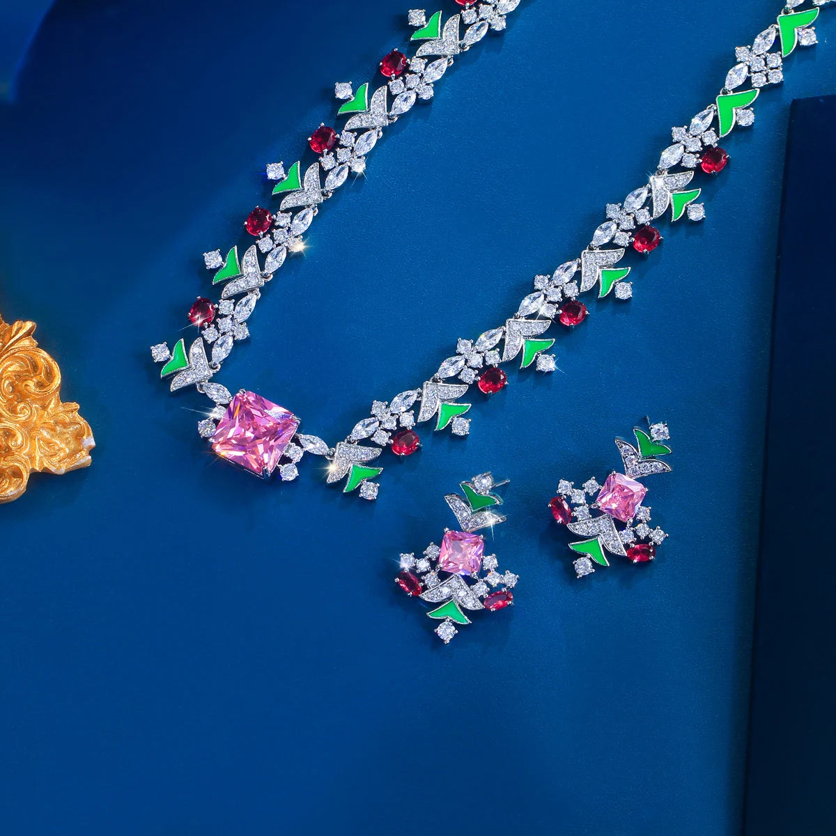 Charming Jewelry Set Rhodium Plated Multicolor Zirconia Necklace Earrings Christmas Tree CZ Jewelry Set for Brides Women Wedding