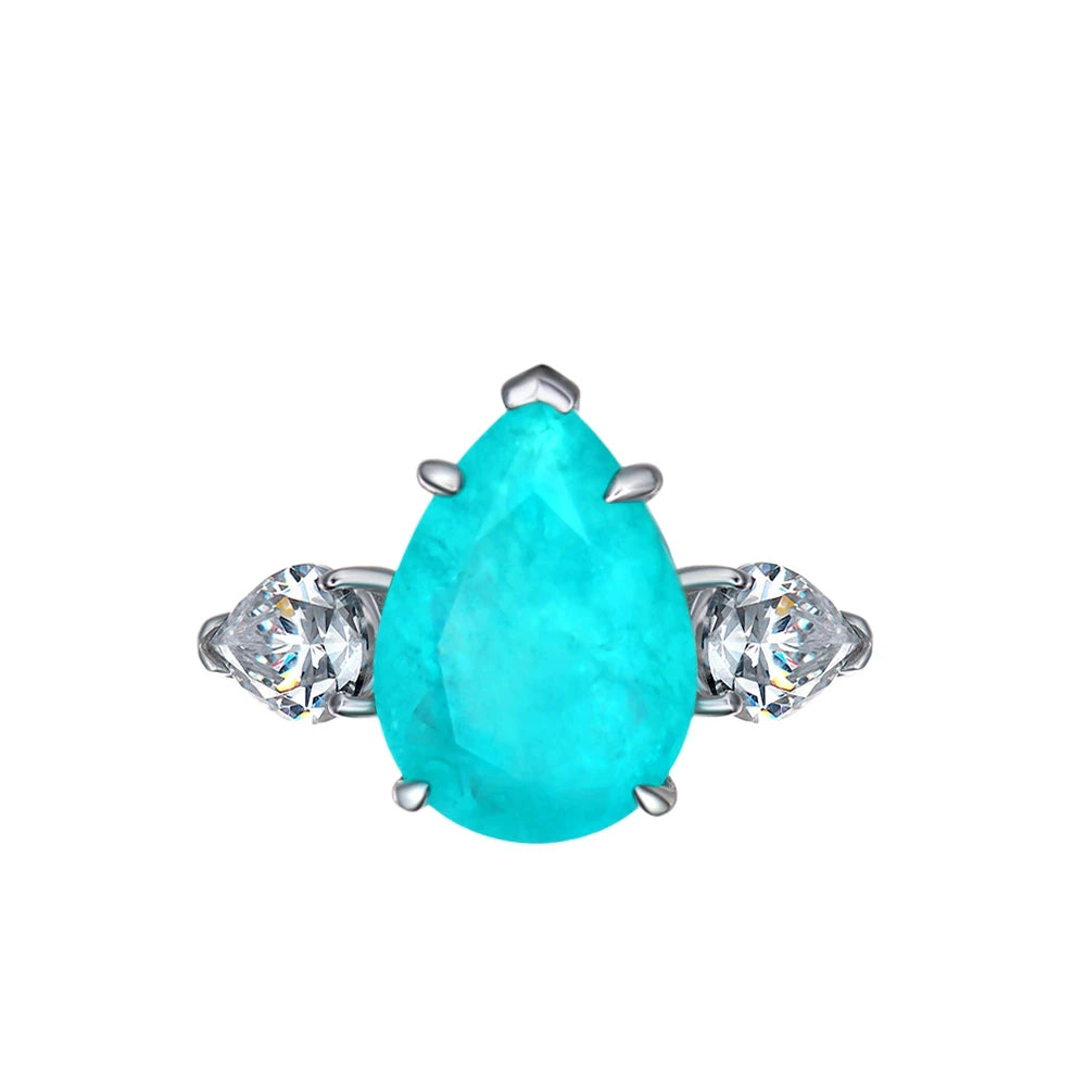MuShan Jewelry Factory New Style of 10*14 Synthetic Paraiba Ring With Silver Plating and White Gold 6 Carats