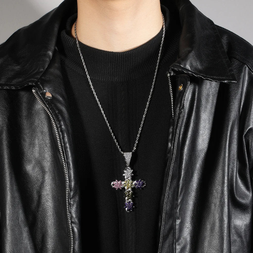 Luxury Multi-colored Zircon Large Cross Necklace 8.7cm Statement Cross Pendant Lariat Sweater Chain Hip-Hop Necklace