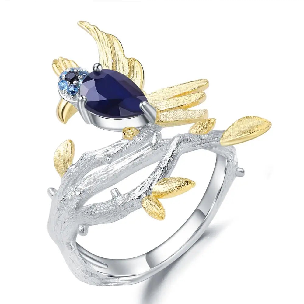 ArtistA Custom Designer S925 Jewelry Natural Gemstone Diffusion Sapphire 925 Sterling Silver Bird Tree Branch Ring