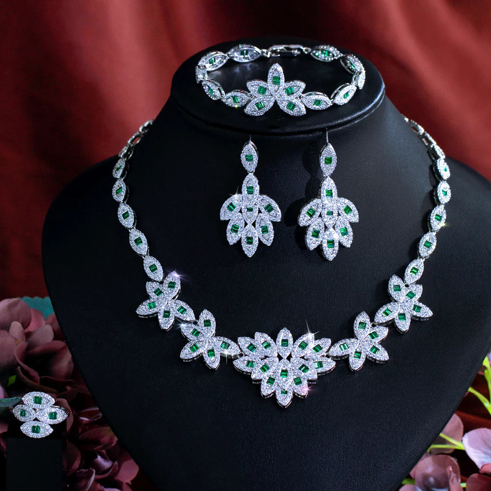 Elegant 4pcs Leaf Shape Cubic Zirconia Stone Bridal Luxury Green Jewelry Set for Women Party Engagement Dress Accessories