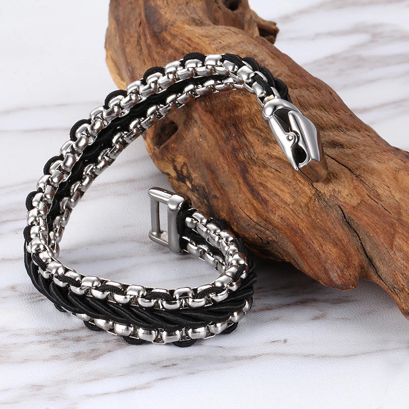 KALEN Silver Color Stainless Steel Bangle Leather Men Bracelet