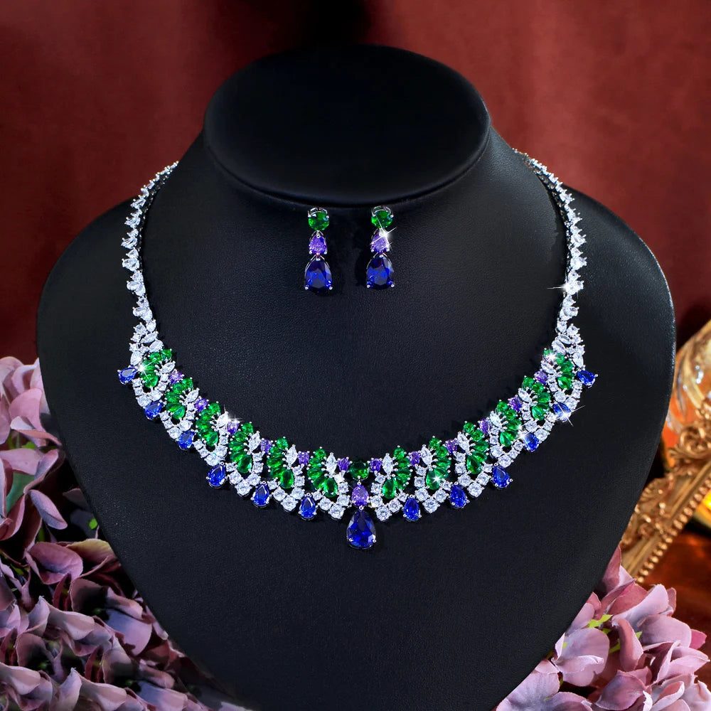 Vintage Shiny Blue Green Cubic Zirconia Necklace Earrings Luxury Water Drop Bridal Wedding Evening Party Jewelry Set for Women