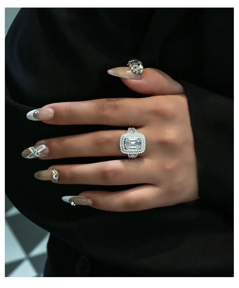 MuShan Jewelry Factory Rectangular Chamfered 8 * 12 High Carbon Diamond Ring  Emerald Cut S925 Silver Ring