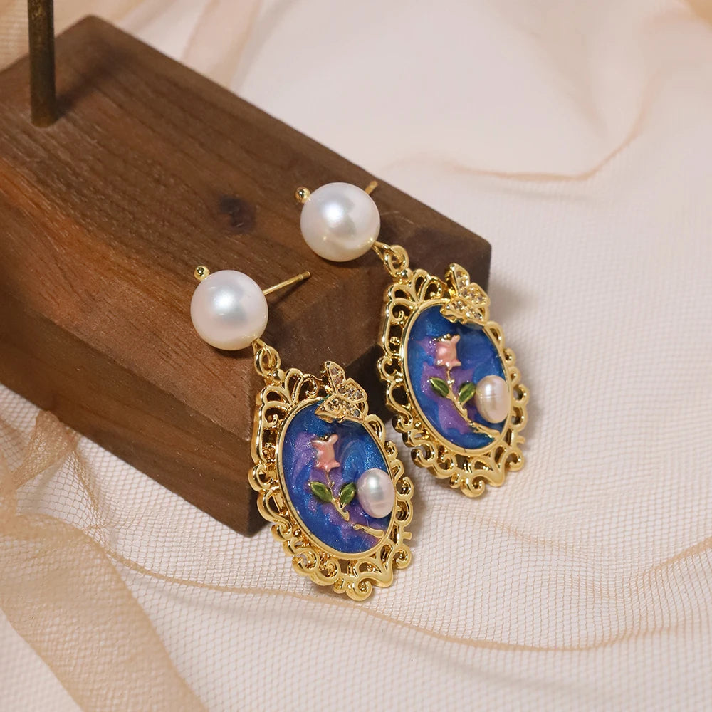 Natural Freshwater Pearl Oil Painting Butterfly Earrings Korean Style Women Luxury Jewelry Fashion Ladies and Girls Gift GE1569