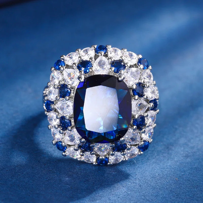 Gemfiori European and American Jewelry British Queen's Blue Zircon Jewelry Pendant Ring Zircon Women's Set