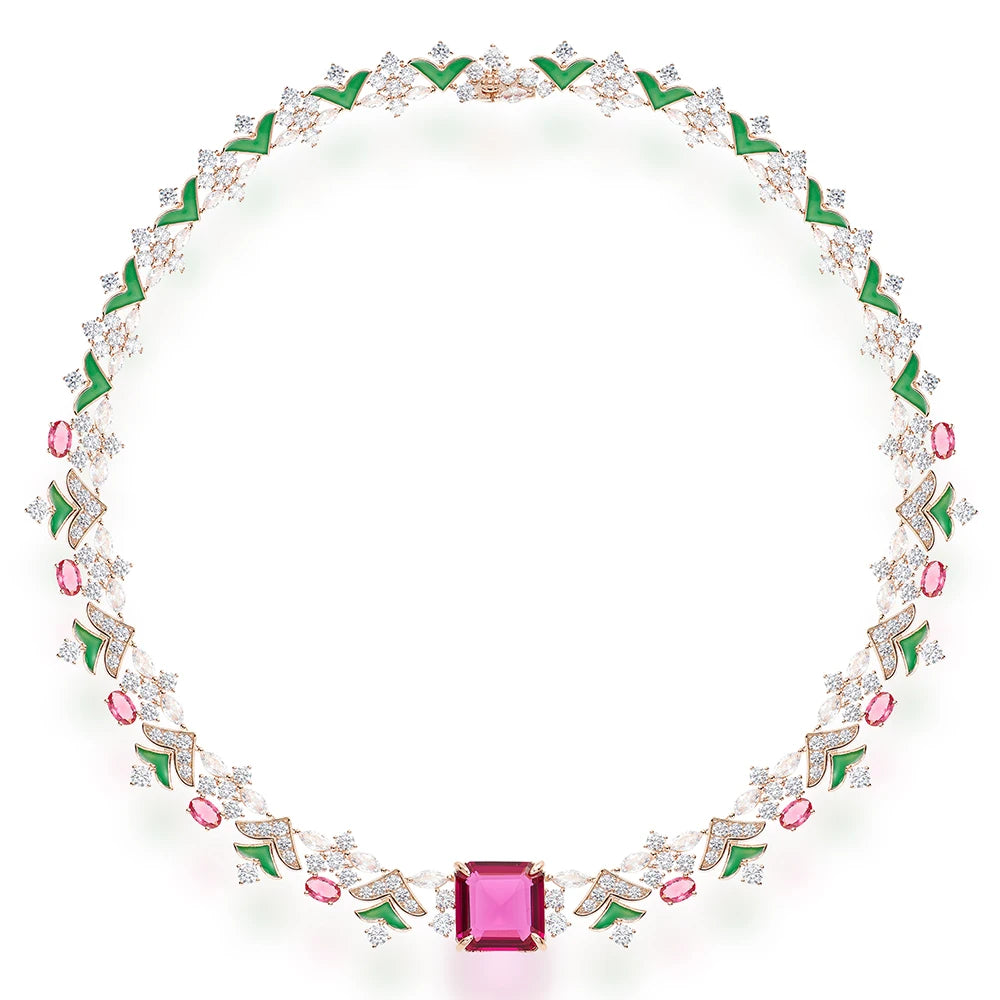 Enamel Craft Women's Two-piece Brass Necklace Earrings Inlaid with Colorful Leaves Design  Not Easily Oxidized  Perfect Zircon