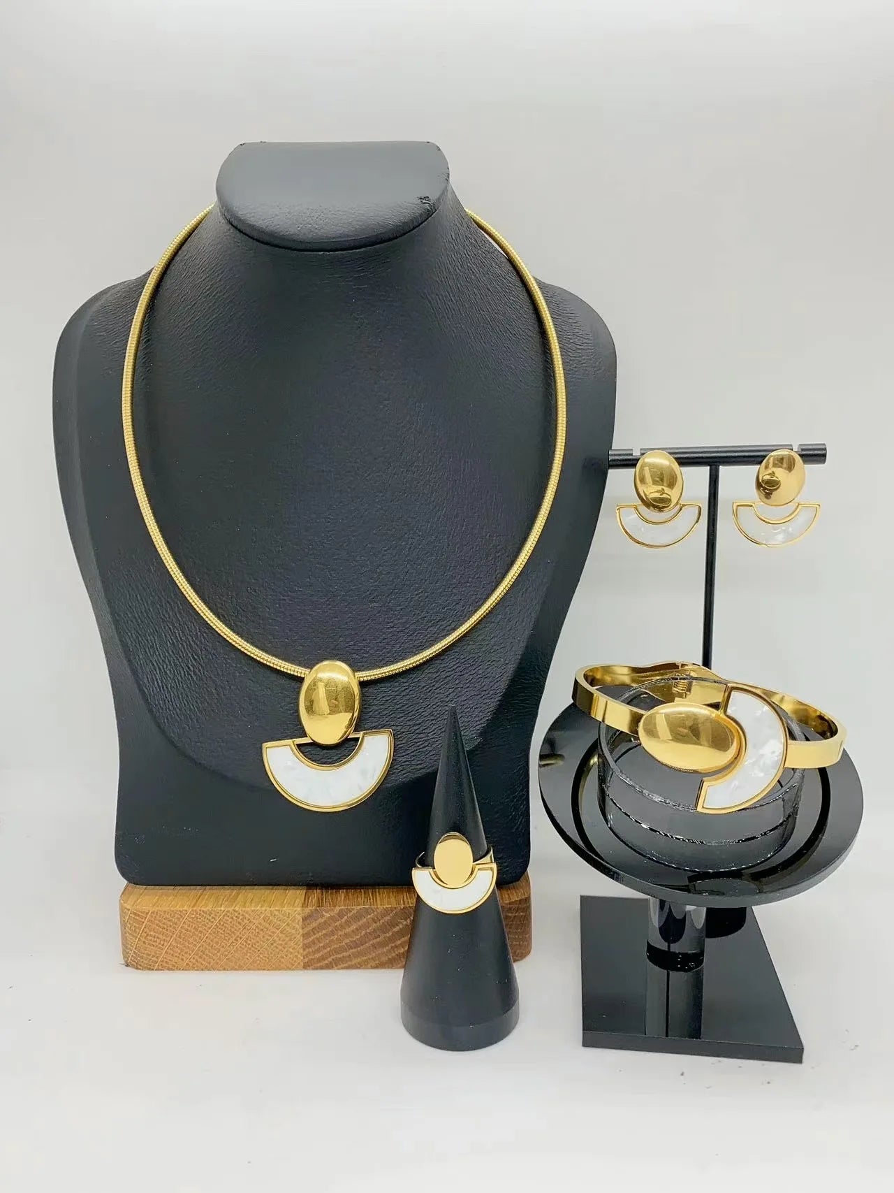 Pearl Choker & Enamel Oil Drop Earrings Jewellery Set | Half-Circle Stainless Steel Fashion Set