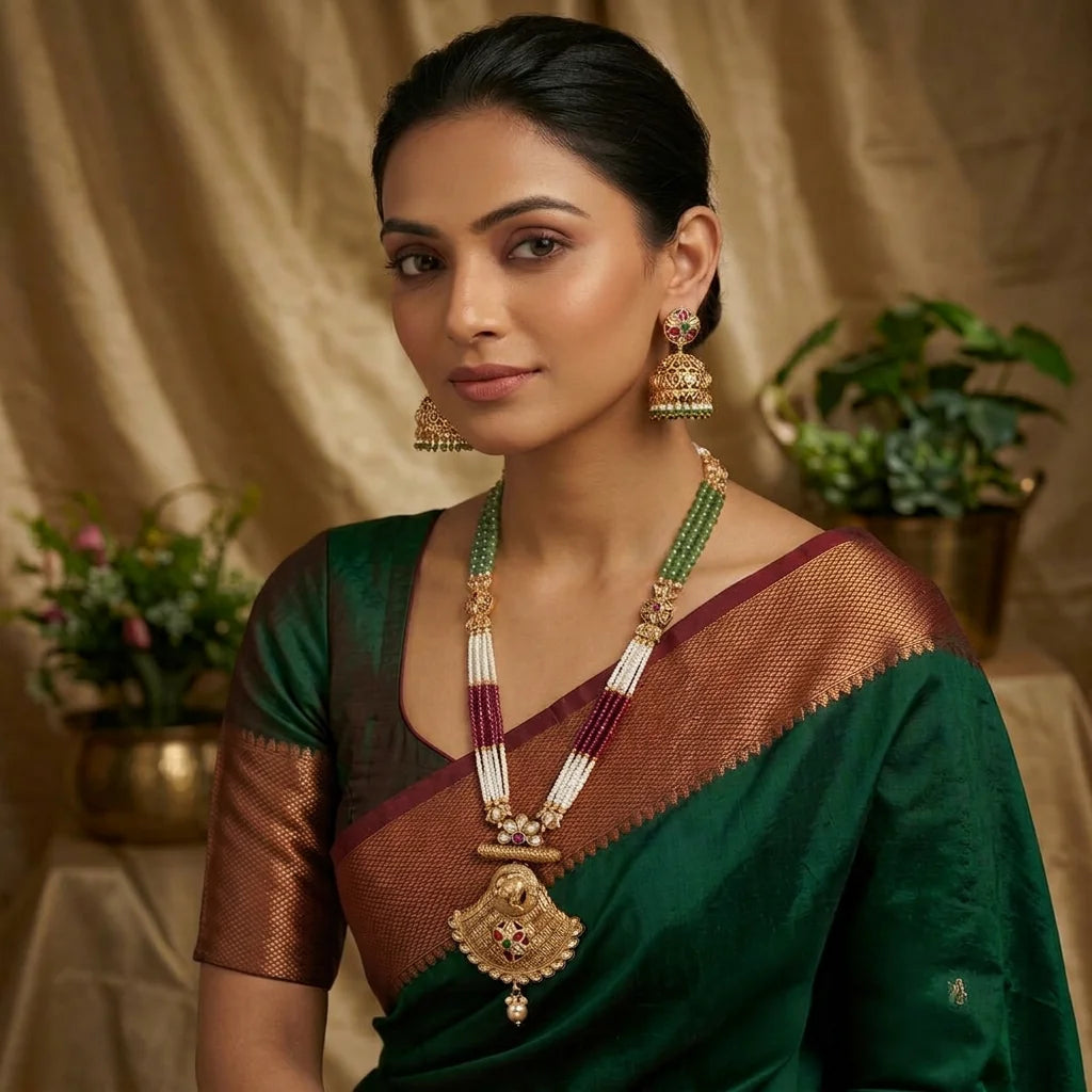 Premium Copper Temple Long Necklace Set with Beads Pendant Earrings Traditional Bridal Ethnic Jewelry for Women Gift
