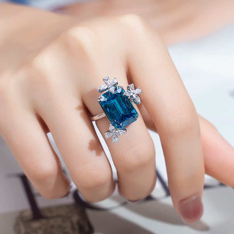Messi Jewelry MSR-948 High Carbon Cubic Zircon Blue Diamond Ring Jewelry S925 Emerald Cut   Engagement Wedding Ring