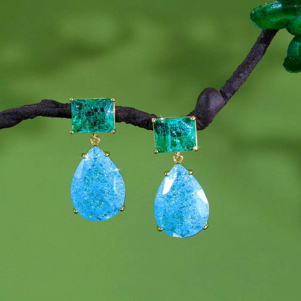 S&S Blue Ice Crack Water Drop CZ Dangle Earrings – Gold Plated – Collection