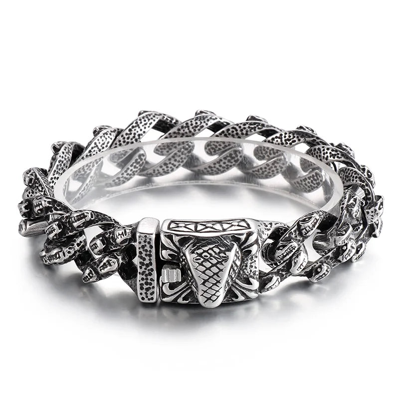 VIKING Snake & Tiger Pattern Link Bracelet – 17mm Silver Stainless Steel