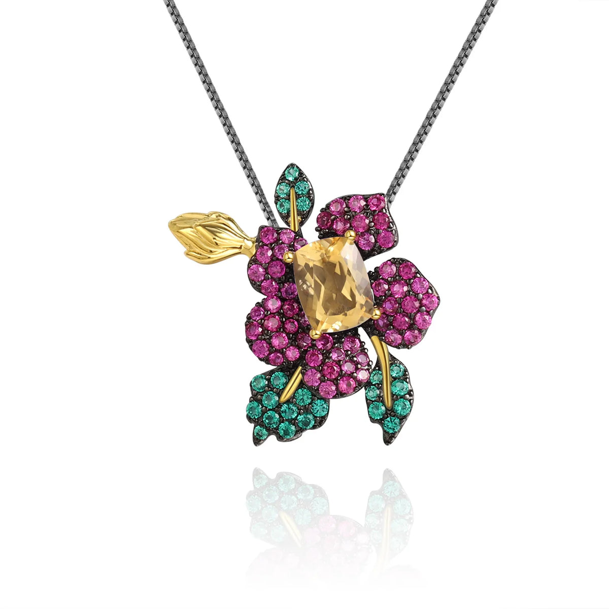 REDheart TIANSHE Design High-end Jewelry S925 Pure Silver Flower Brooch Pendant Natural Amethyst Ring Earrings Set