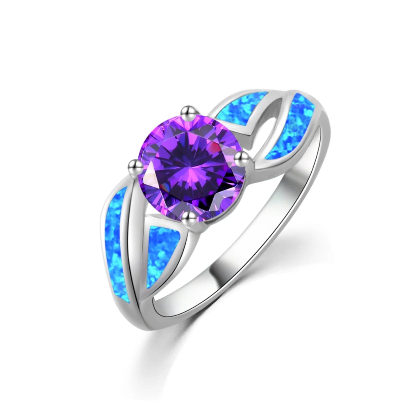 Purple Crystal & Blue Opal Ring | Silver Statement Band Jewelry