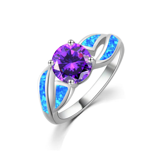 Purple Crystal & Blue Opal Ring | Silver Statement Band Jewelry