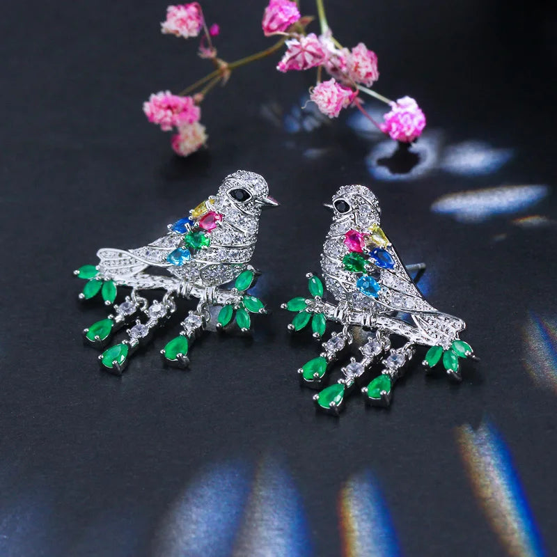 S&S 3D Green CZ Bird Dangle Drop Earrings | Lucky Animal Jewellery | NewLife
