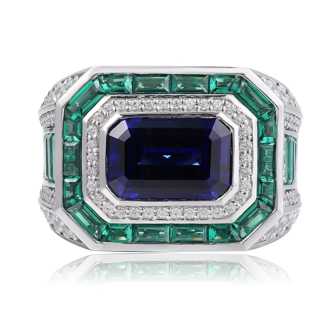 Gemfiori Anster Classic Men's Ring Lab Grown Emerald Sapphire Gemstone Rings 925 Sterling Silver for Gift Party Engagement Anniversary