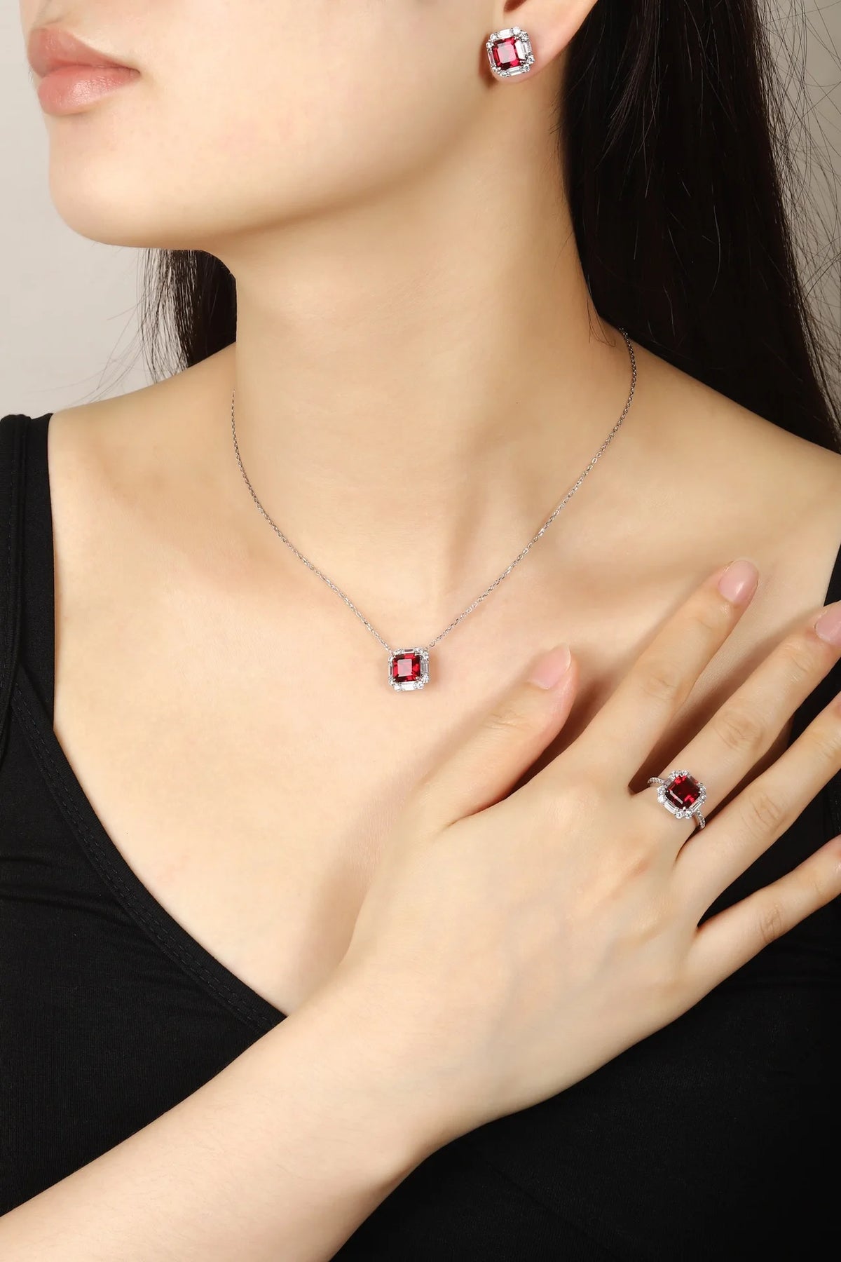 Gemfiori Bridal Jewelry Set Sterling 925 Silver Lab Grown Ruby Ring Necklace Earrings Ladies' Jewelry Set for Her Weddings Party