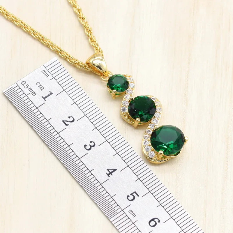 XOTICA Gold Plated Women Wedding Jewelry Sets Green Stones Earrings Bracelet Pendant Necklace Ring Gift