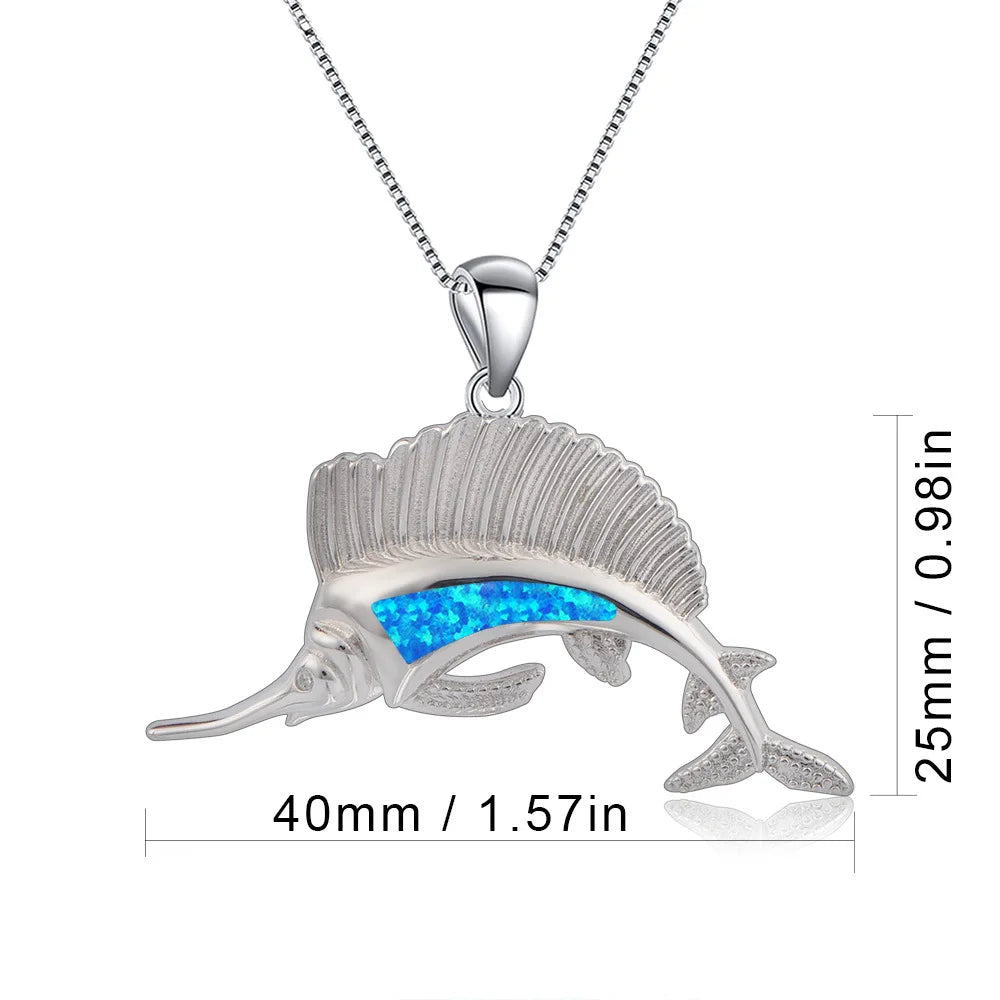 Trendy Christian Copper Silver Plated Ocean Marlin Pendant Blue Opal Sweater Chain Link Chain Nautical Necklace for Beach