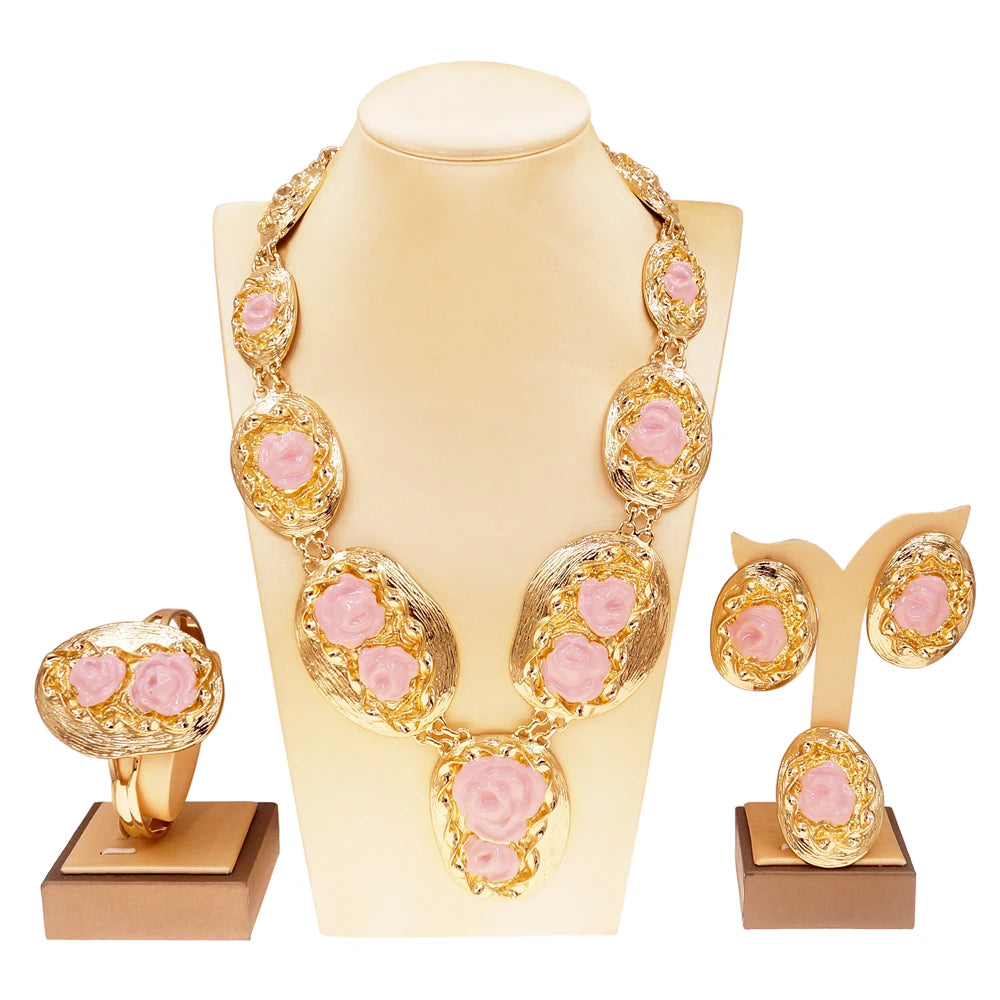 Zhuerrui Two Tone Italian Gold Jewelry Sets Necklace Bracelet Earrings Ring Bridal Western Heavy Wedding Fine Jewelry Set H00615