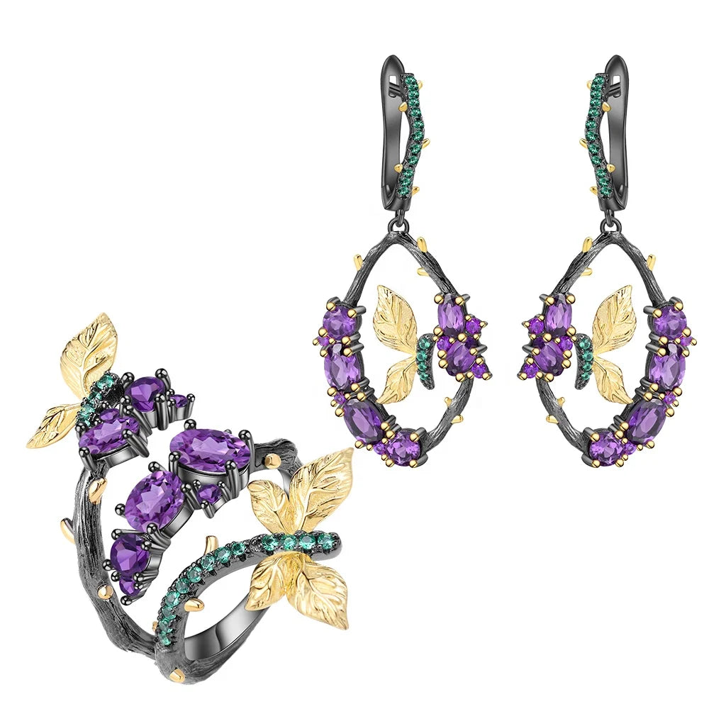 ArtistA C7749 Handmade 925 Sterling Silver Jewelrt Set Purple Amethyst Gemstone Butterfly Dangle Earrings Adjustable Ring