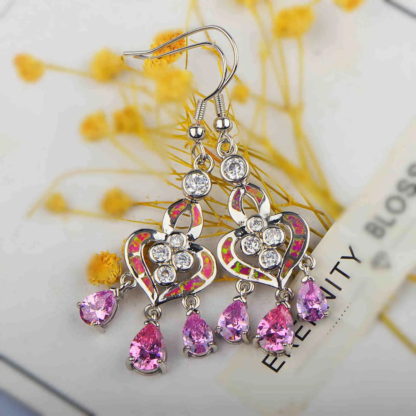 Delicate Pink Opal Brass Geometric Christian Pendant Earrings Hawaiian Style Trendy Minimalist Healing Gift Jewelry
