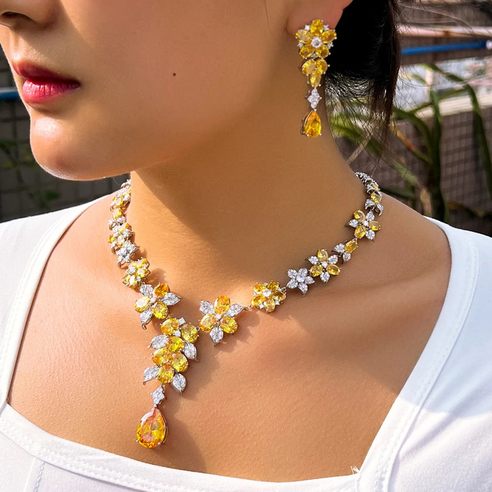 Gorgeous Chic Cubic Zircon Women Luxury 2pcs Sets Necklace and Earrings Wedding Party Yellow Flower Big Jewelry Set for Brides