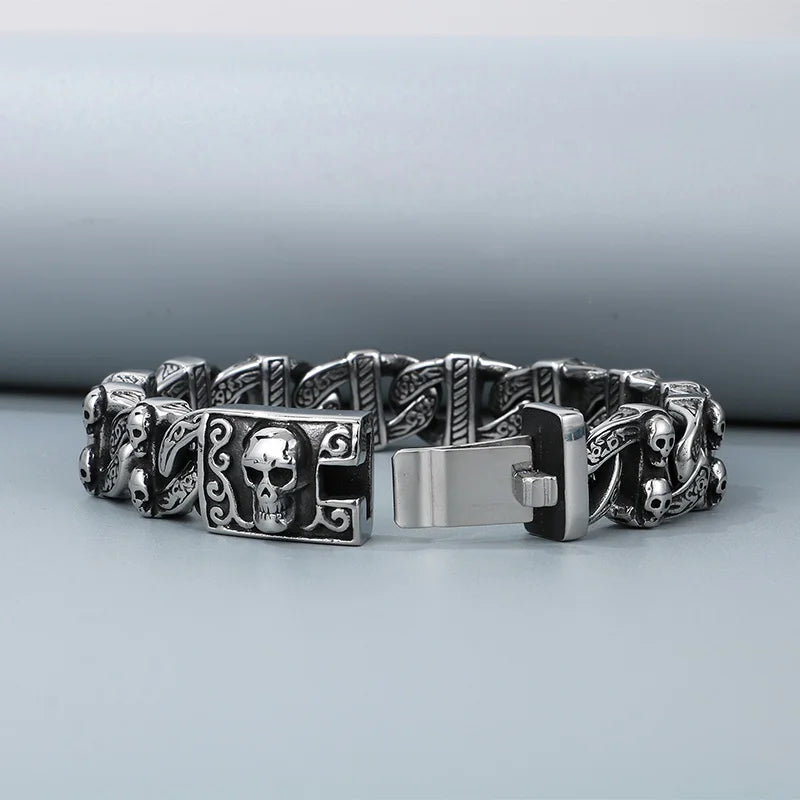 KALEN 220mm Men Punk Stainless Steel Skull Pattern Clasp&Links Bracelet