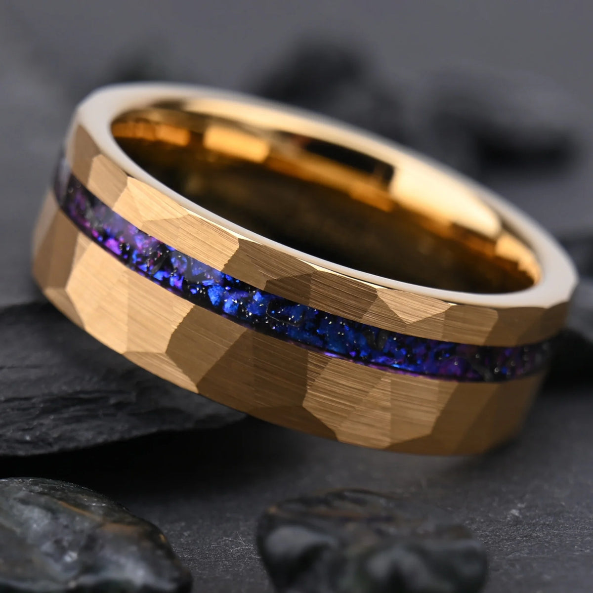 OAHLAN 8mm Hammered 18K Gold Plated Tungsten Carbide Ring Galaxy Blue Purple Opal Inlay Womens Mens Wedding Band Fashion Jewelry