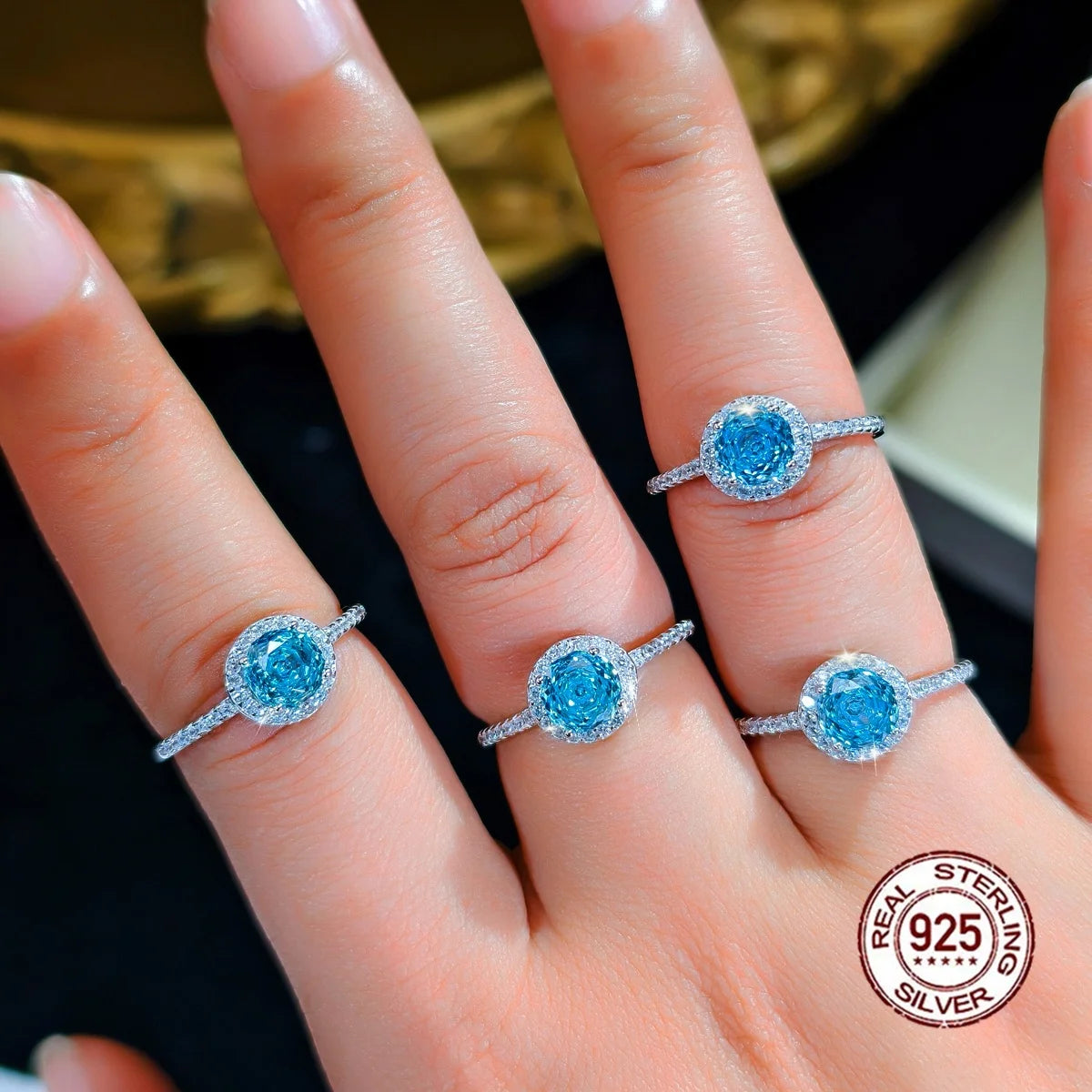 S&S 925 Sterling Silver Light Blue Rose-Cut CZ Engagement Ring – Rhodium Plated – Collection