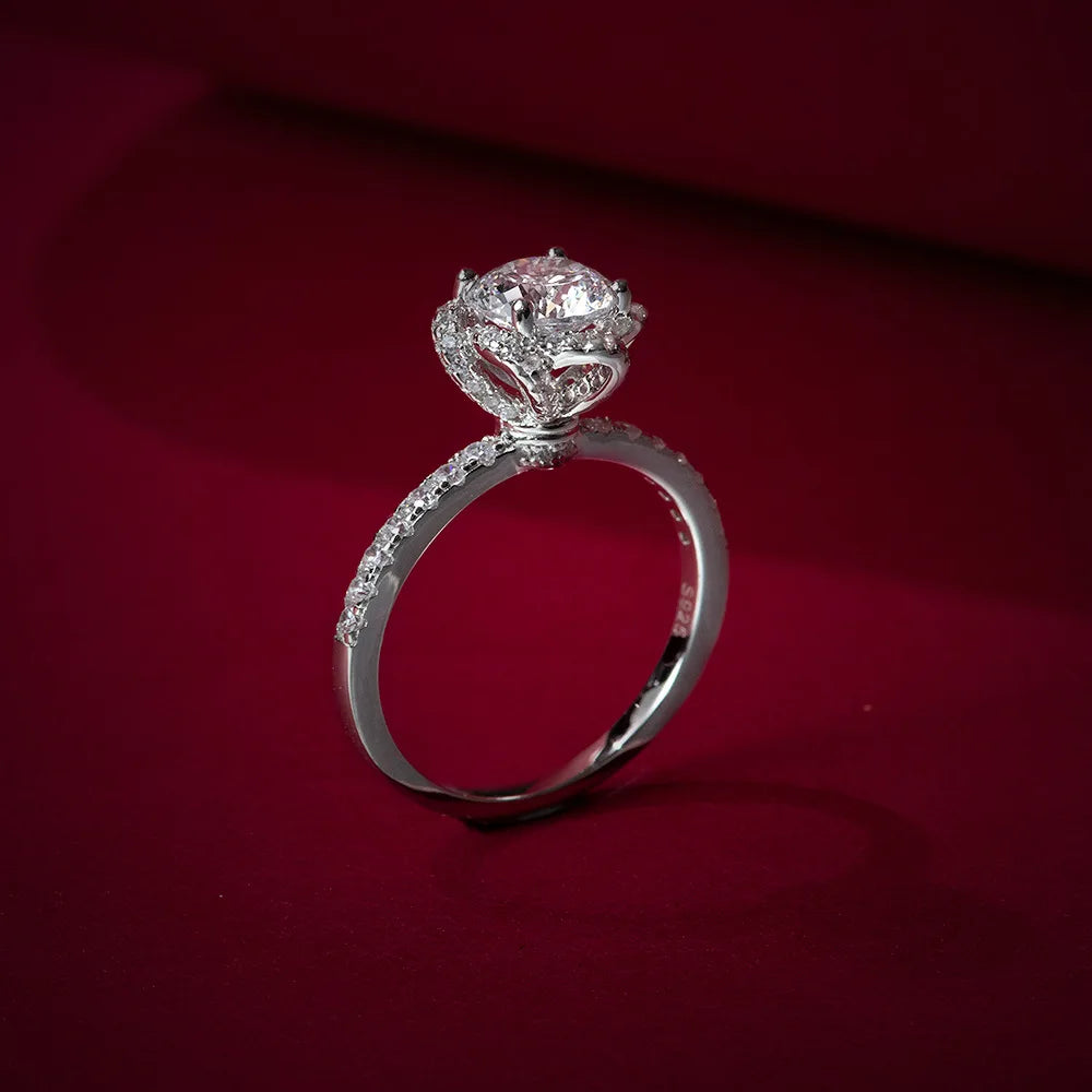 Silverelli | 925 Silver 1ct Round High Carbon Diamond Flower Ring | 6mm | Platinum Plated