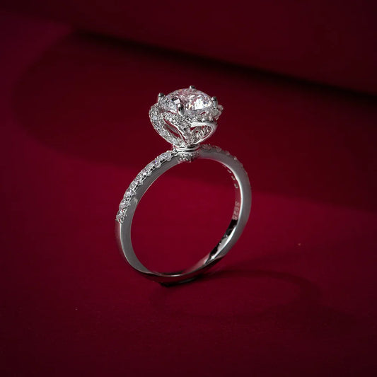 Silverelli | 925 Silver 1ct Round High Carbon Diamond Flower Ring | 6mm | Platinum Plated