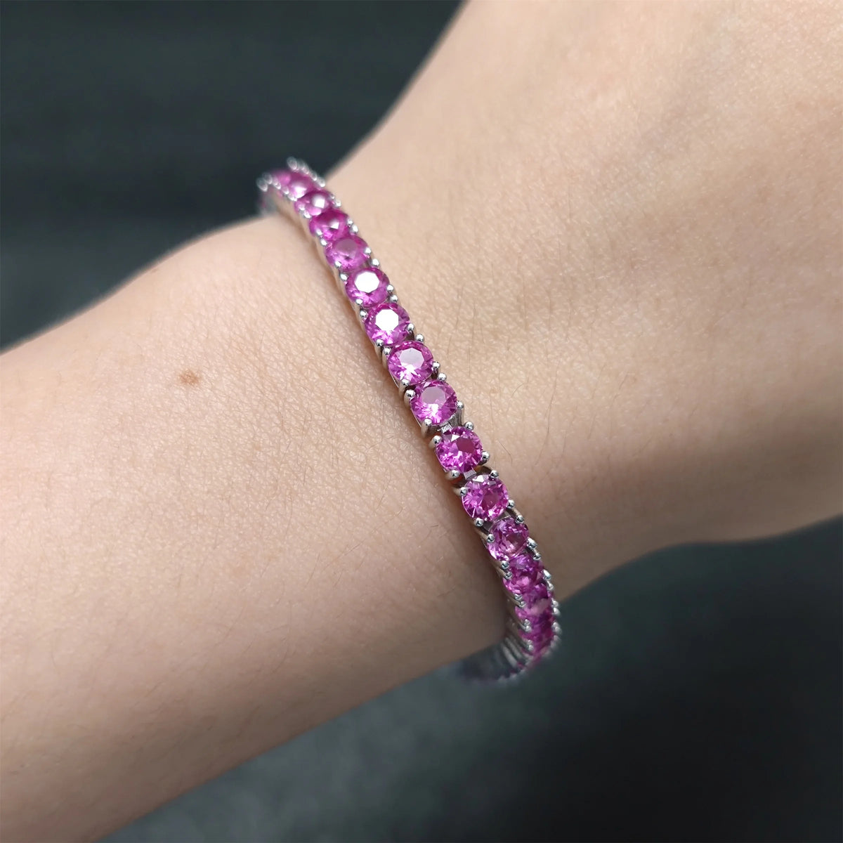 Gemfiori Women High Quality Color Gemstone Bracelet Round Brilliant Cut 4MM Lab Grown Dark Pink Sapphire S925 Silver Tennis Bracelet