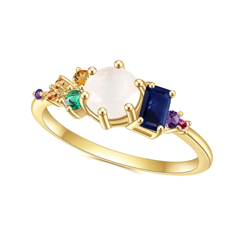 ArtistA OL1004 Abiding Unique Design Fancy Cut Multi-Shaped Colored Gemstones Natural Moonstone 925 Sterling Silver Cluster Ring