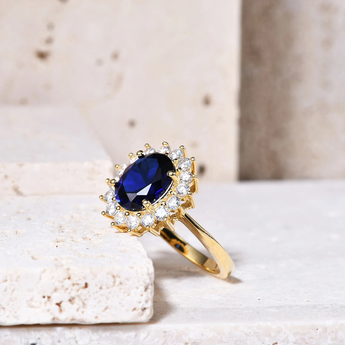 Gemfiori Abiding Gold Plated Oval Colored Stone 925 Sterling Silver Custom Wedding Halo Rings Jewelry for Women