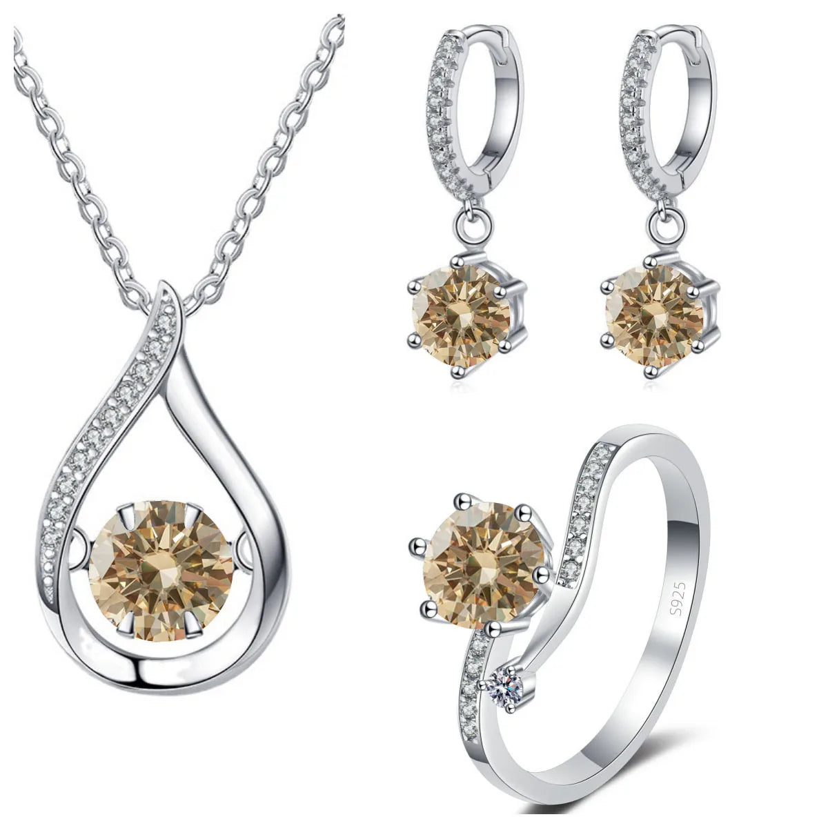 S&S 925 Silver 1CT VVS Moissanite Jewellery Set | Water Drop Necklace, Earrings & Ring | 20 Colours