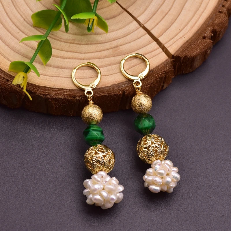 Original Design Natural Green Stone Fresh Water Pearl Dangle Earring for Women Mother Anniversary Ethnic Jewelry