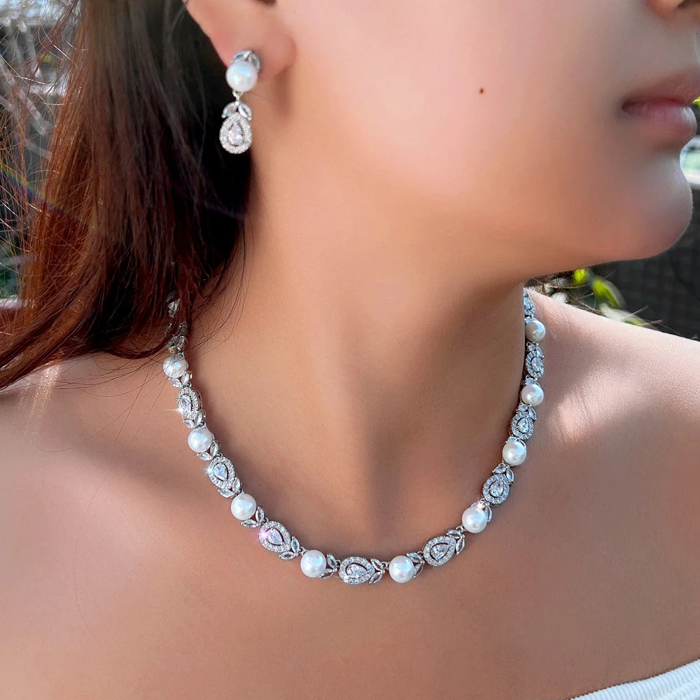 Dainty Leaf Shape Necklace and Earrings Cubic Zircon Imitation Pearl Bridal Jewelry Set for Women Wedding Gifts